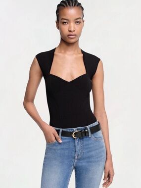 SIMKHAI Barbara Sweetheart Ribbed Knit Bodysuit Black XS NWT